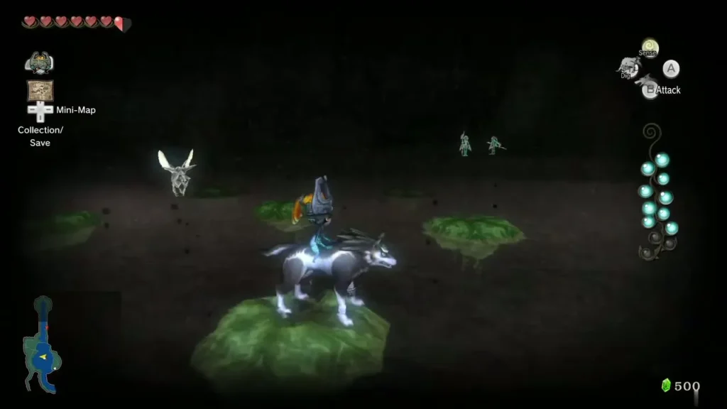 Link as Wolf standing on a lily pad in the pond with an insect in the distance