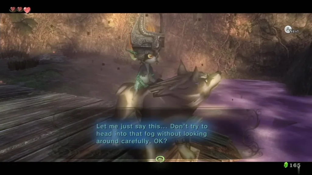 Midna rides on wolf Link at the swamp branch and warns about the fog