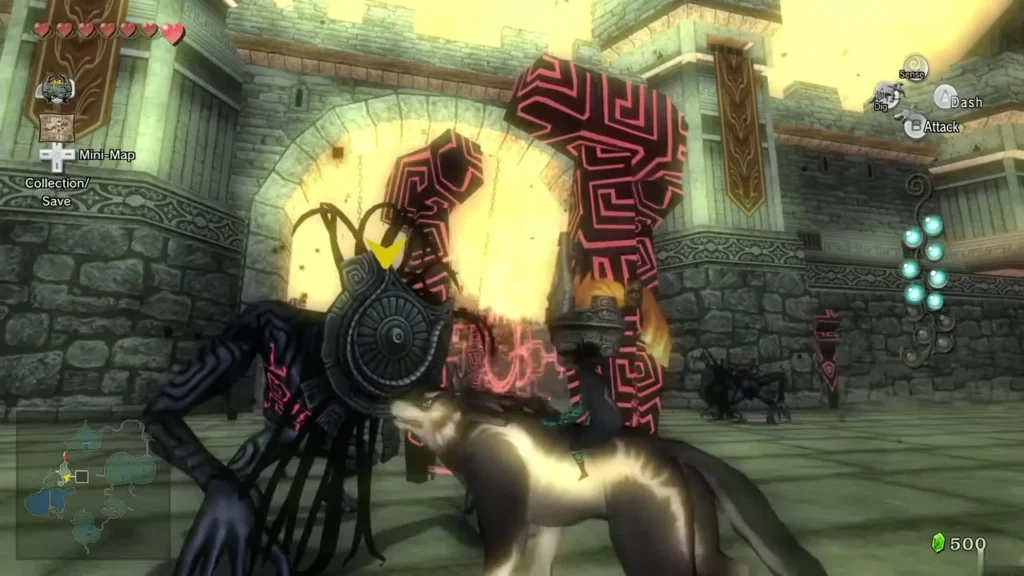 Shadow Beast in front of the Castle Town gate between glowing red pillars