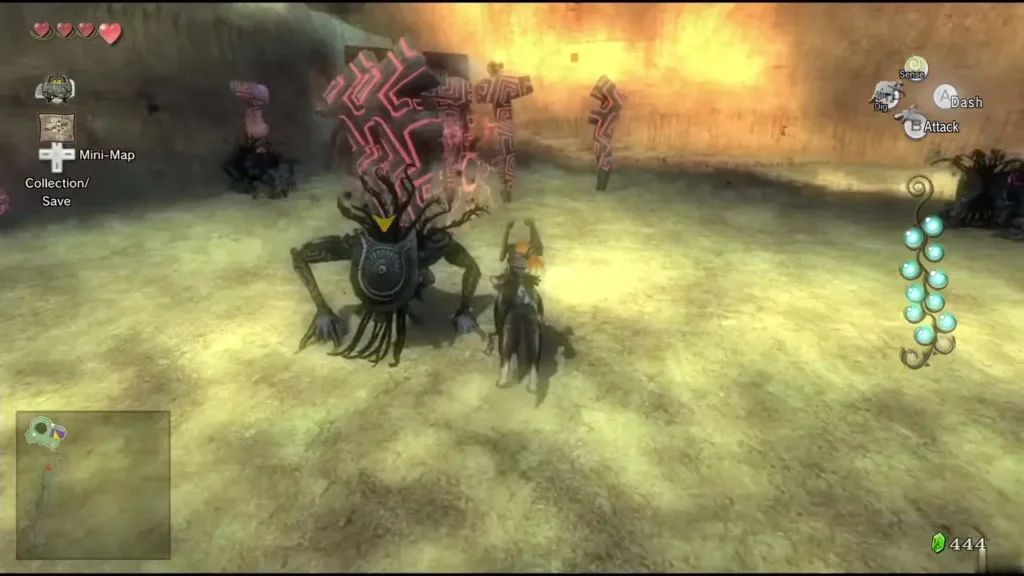 Wolf Link fighting a Shadow Beast in the Death Mountain arena