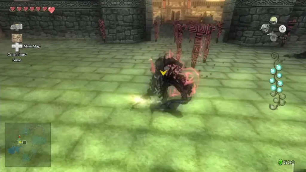 Link as Wolf fighting a Shadow Beast beside red pillars outside the gate