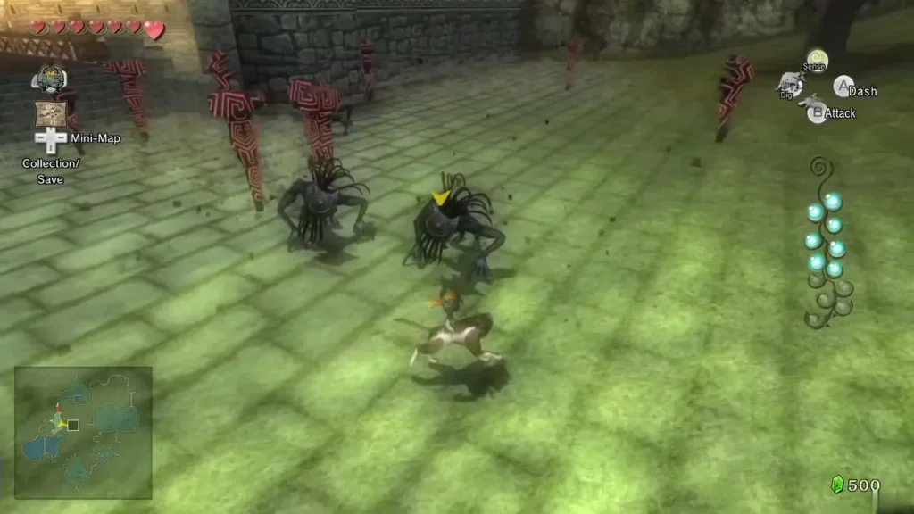 Two Shadow Beasts and red pillars in the open area outside the gate