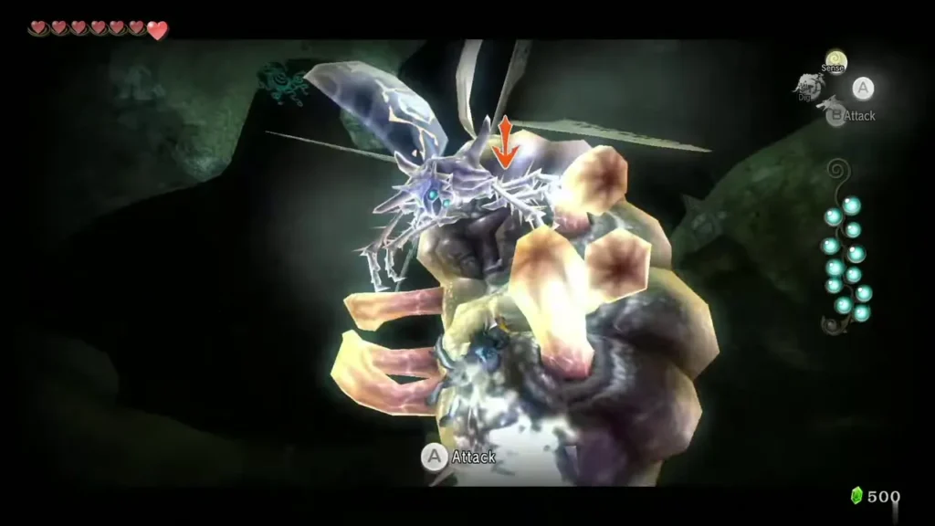 Link striking the legs of the Twilit Bloat after it has flipped over