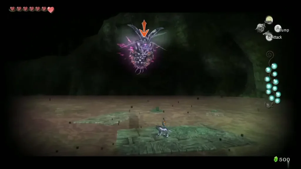 Twilit Bloat swooping down, crackling with electricity, over the Lake Hylia arena