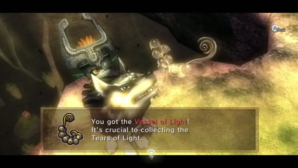 Midna and Wolf Link in the cave as the Vessel of Light message appears