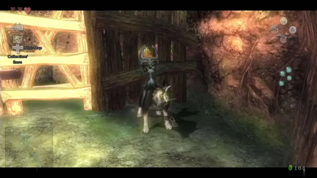 Wolf Link with Midna stands beside the locked wooden gate on the temple path