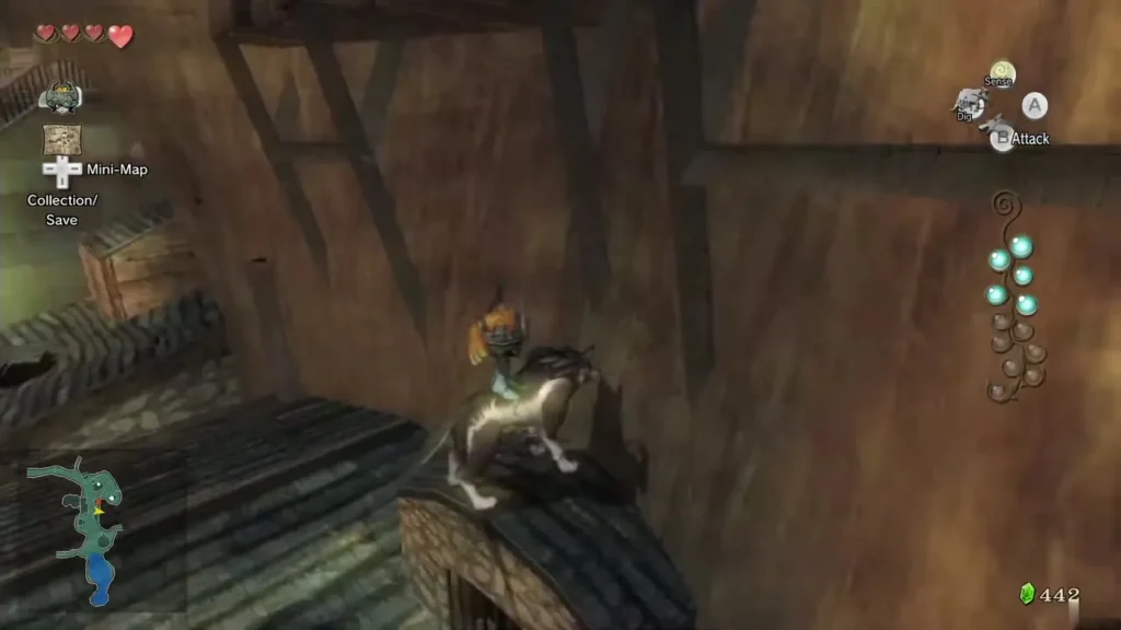 Wolf Link climbing onto the wooden shed beside the bomb shop