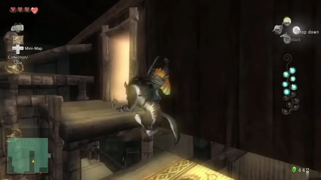 Wolf Link jumping through a bright gap into the storage building above the shop