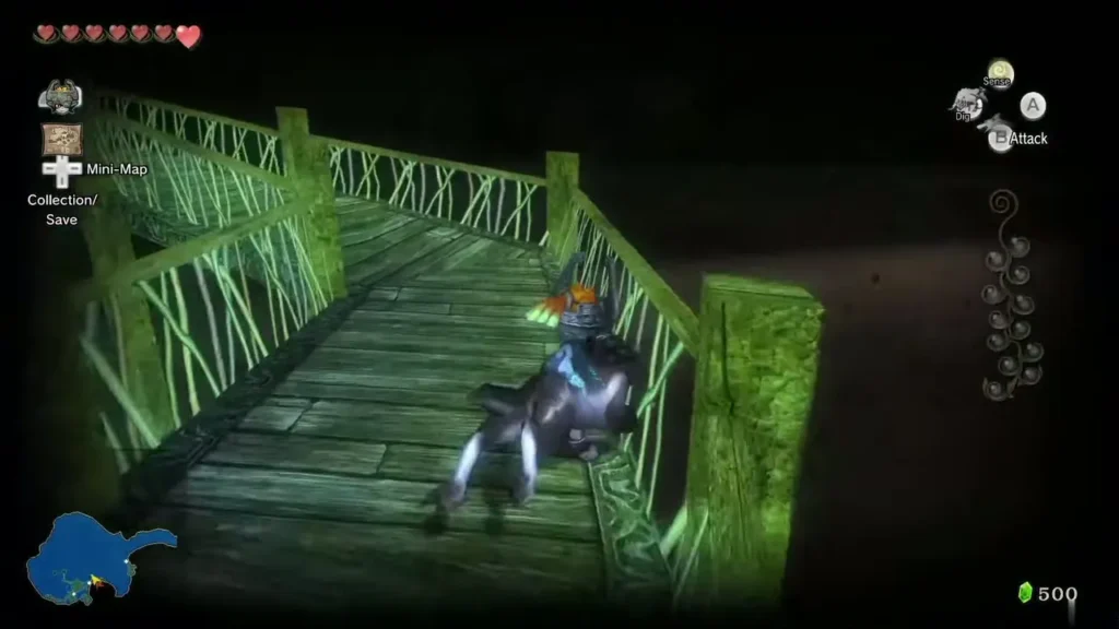 Wolf Link running up a green-lit wooden bridge after the first insect