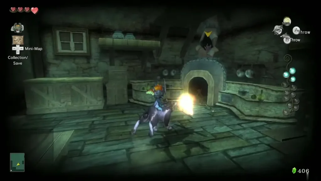 Wolf Link at the furnace in the Elde Inn kitchen as flames flare