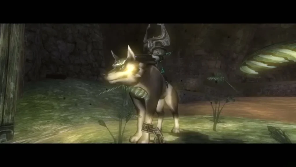 Wolf Link with glowing eyes in a grassy hollow near a ridge