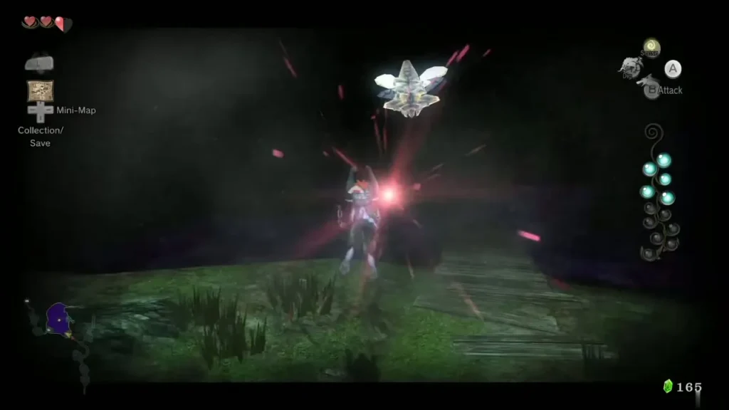 Wolf Link strikes a Shadow Insect hovering above a rock ledge