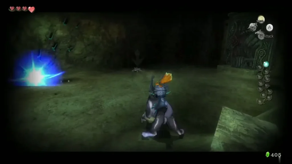 Wolf Link facing a Shadow Insect in the dark cellar