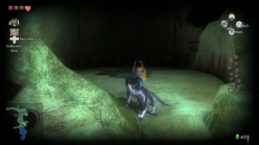 Wolf Link landing in the green-lit underground sanctuary after dropping through the roof