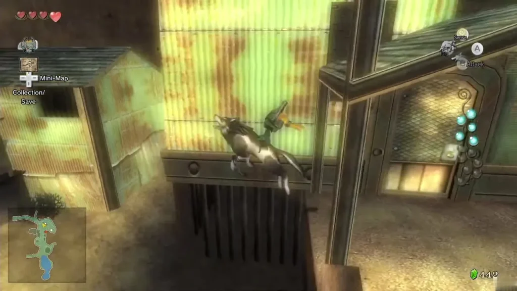 Wolf Link leaping past a window of the corrugated-metal bomb shop