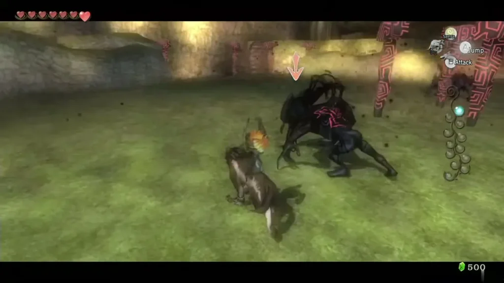 Wolf Link lunging at a Shadow Beast on the grassy western field