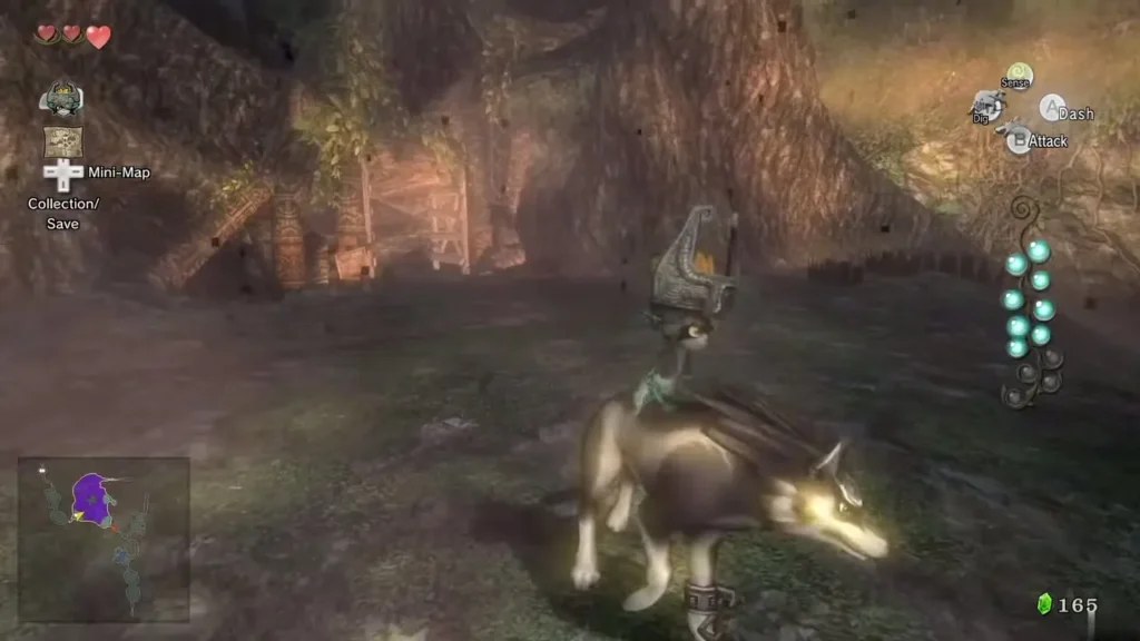 Wolf Link with Midna on his back crosses the swamp on the jump chain