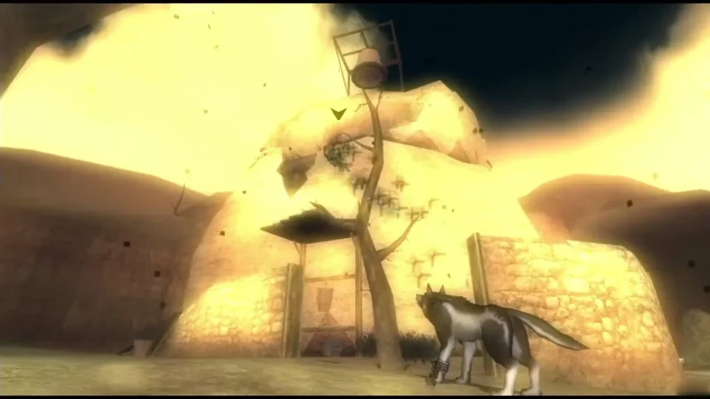 Wolf Link beside the hay-roofed house by the spring, ready to climb onto the roof