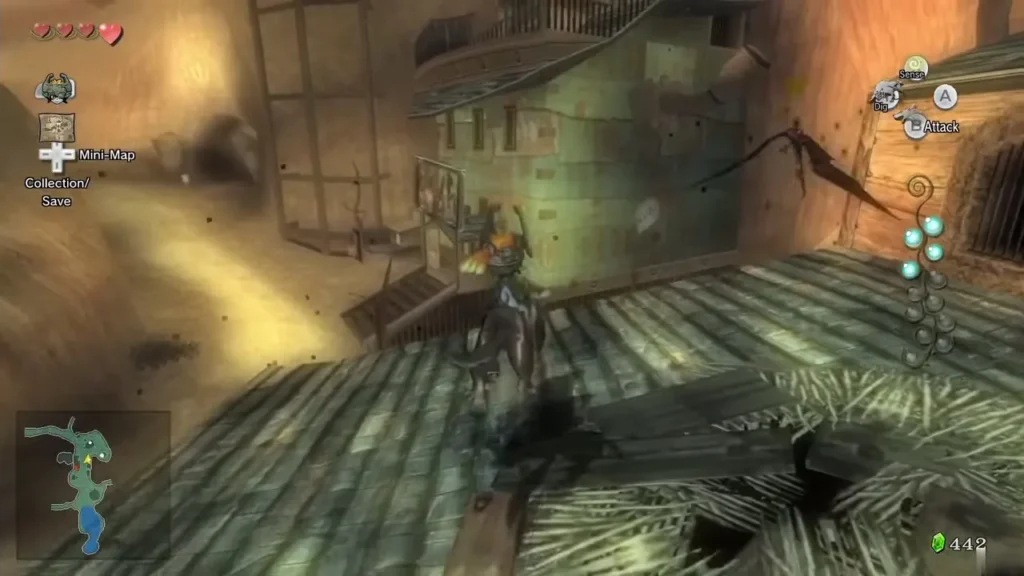 Wolf Link running across the tiled rooftops on the south-east side of the village