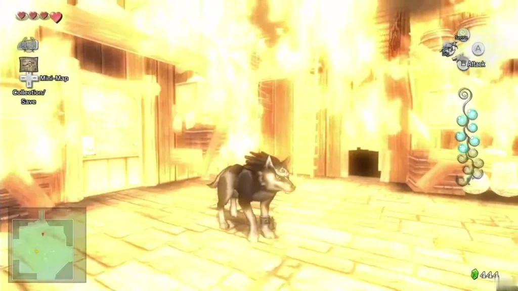 Wolf Link running through a blazing room in the storage building