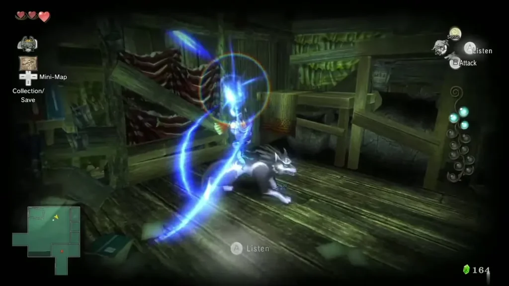 Wolf Link slashes with a blue senses attack inside Coro's house