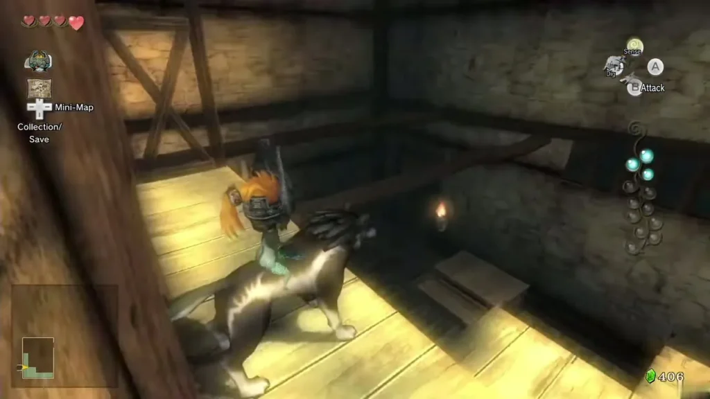 Wolf Link inside the wooden upper room of a village house