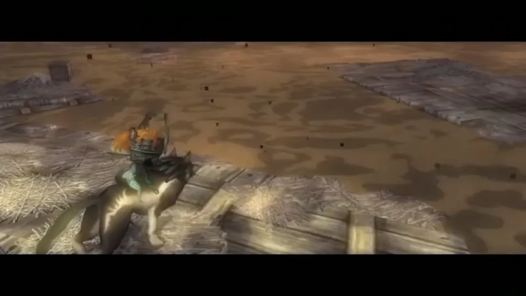 Link as Wolf standing on wooden platforms at Lake Hylia