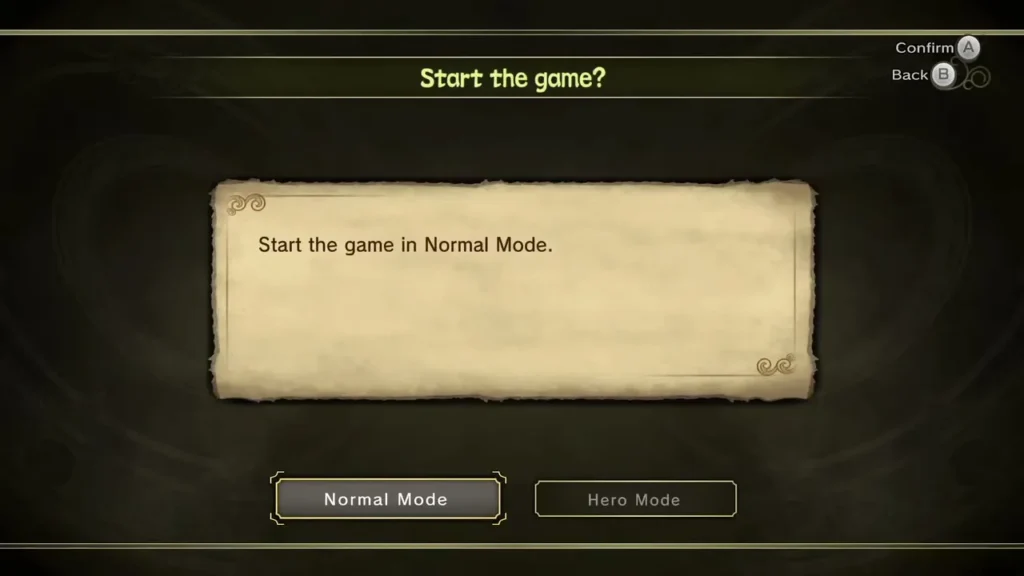 The Start the game screen where Normal Mode or Hero Mode is chosen when a file begins