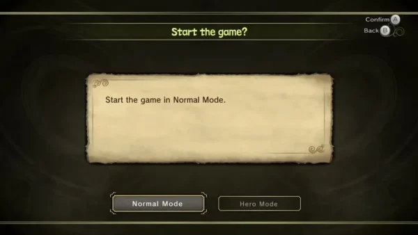 The Start the game screen where Normal Mode or Hero Mode is chosen when a file begins The Start the game screen where Normal Mode or Hero Mode is chosen when a file begins