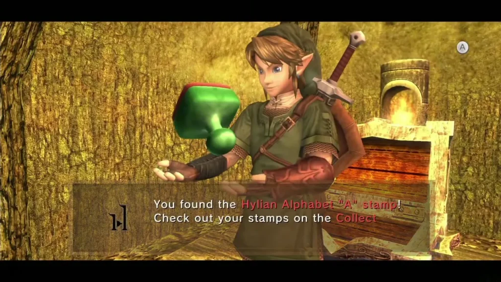 Link holding the Hylian Alphabet A stamp with its item message box Link holding the Hylian Alphabet A stamp with its item message box