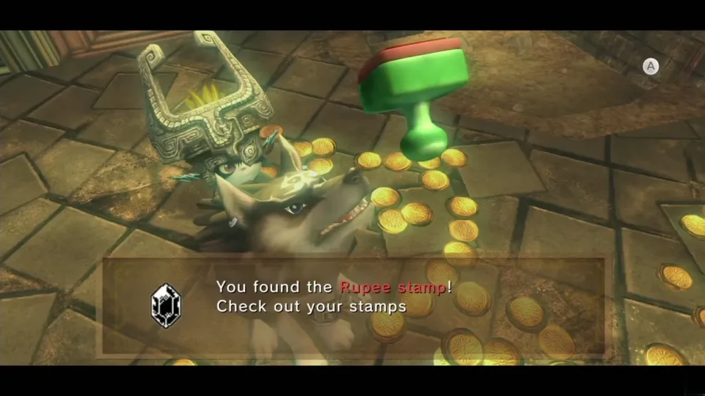 Wolf Link and Midna in the gold room with the Rupee stamp message box Wolf Link and Midna in the gold room with the Rupee stamp message box