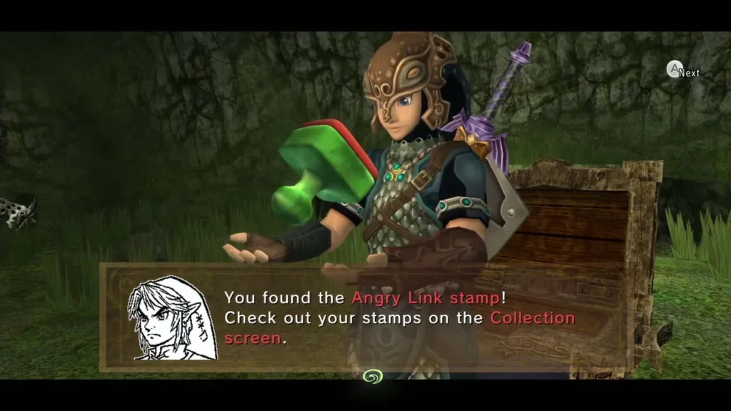 Link holding up the Angry Link stamp with its message box beside a chest in a grassy cave Link holding up the Angry Link stamp with its message box beside a chest in a grassy cave