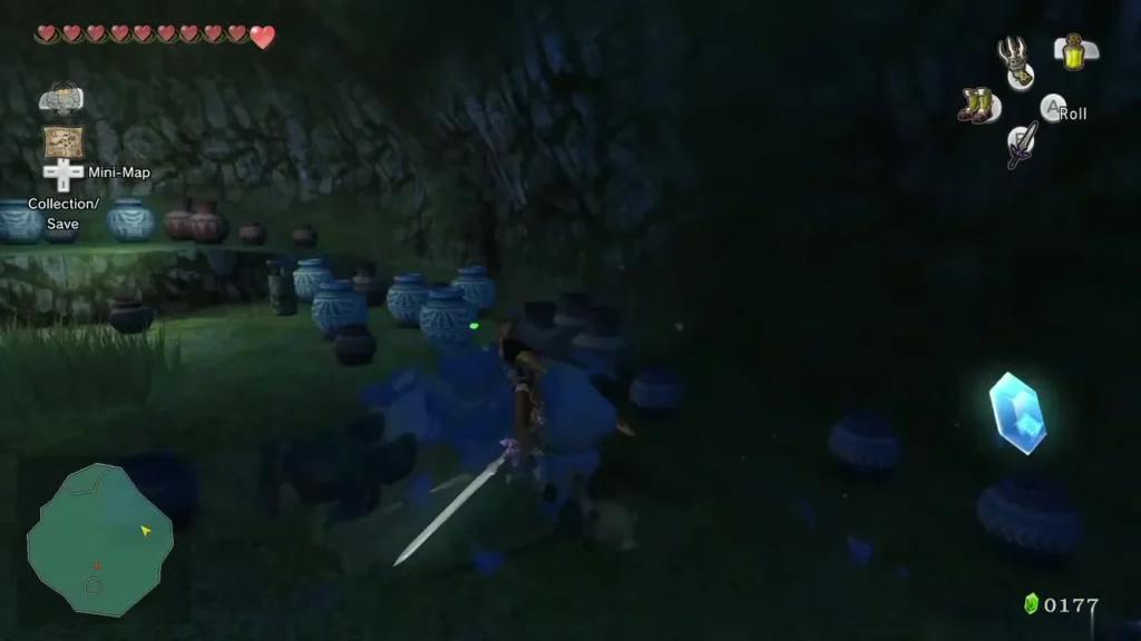 Wolf Link smashing pots in the barn cave with a blue Rupee on the ground Wolf Link smashing pots in the barn cave with a blue Rupee on the ground