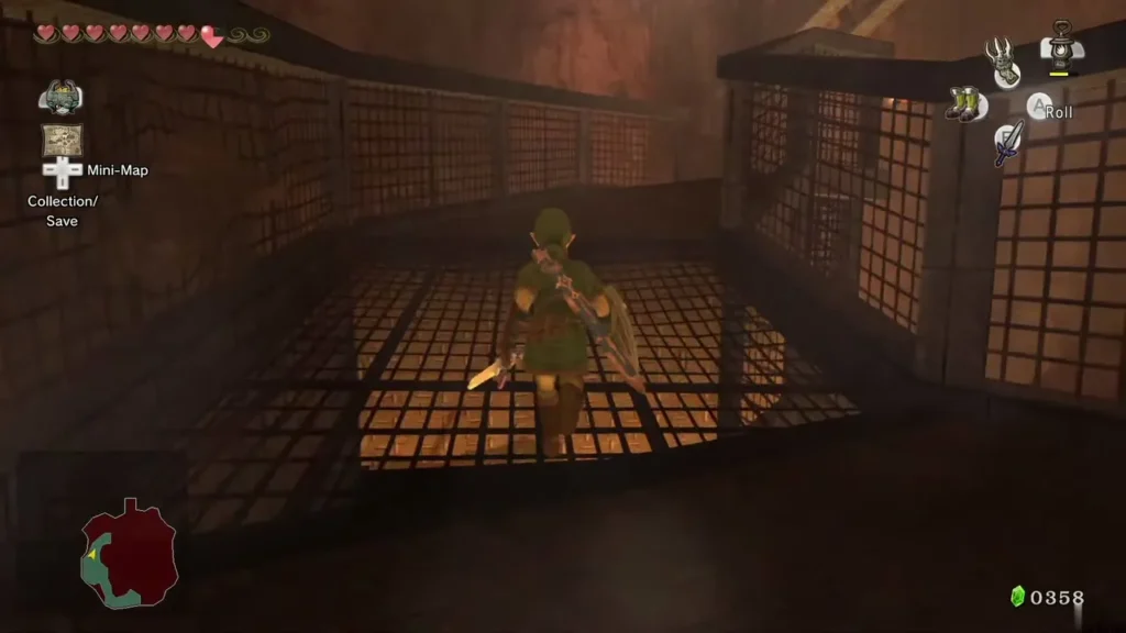 Link crossing the caged walkway in the lava cave Link crossing the caged walkway in the lava cave