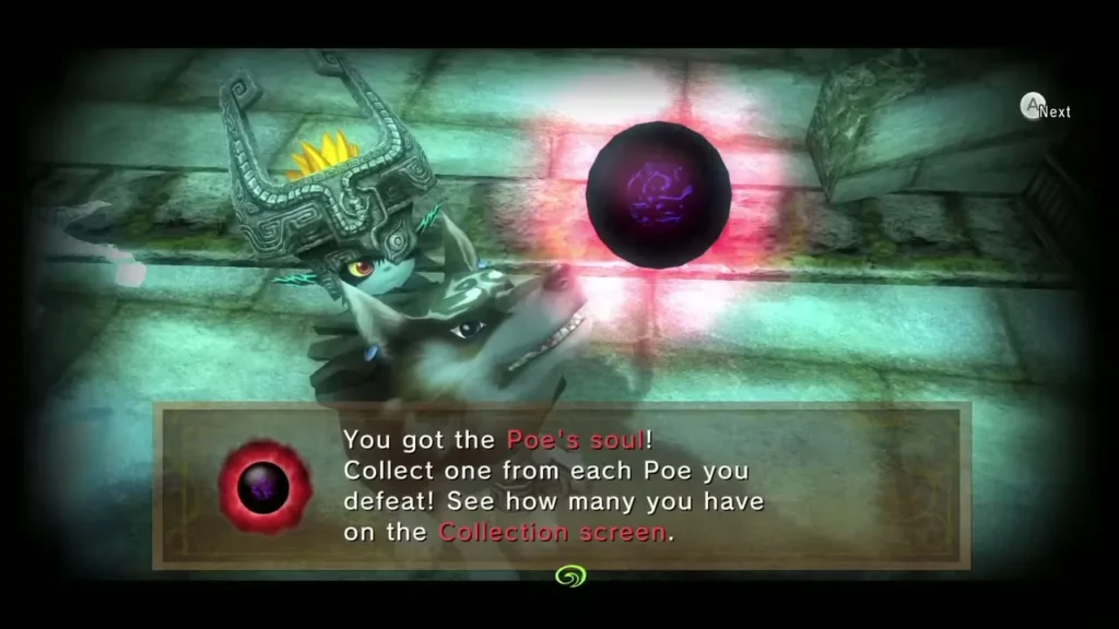 The Poe's soul message over Wolf Link and Midna in the Castle Town ruins The Poe's soul message over Wolf Link and Midna in the Castle Town ruins