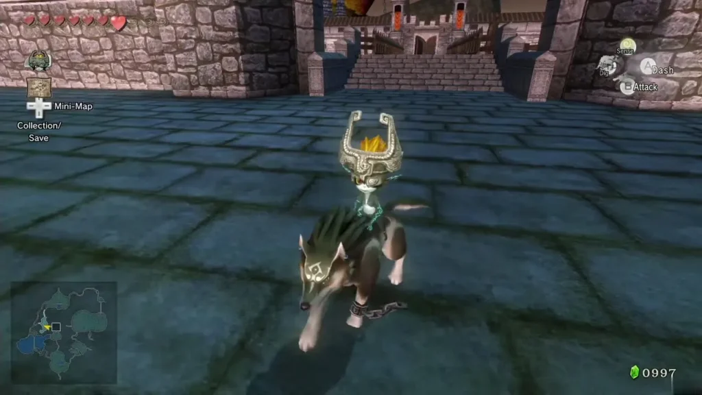 Wolf Link with Midna crossing the stone floor of the Castle Town ruins at night Wolf Link with Midna crossing the stone floor of the Castle Town ruins at night