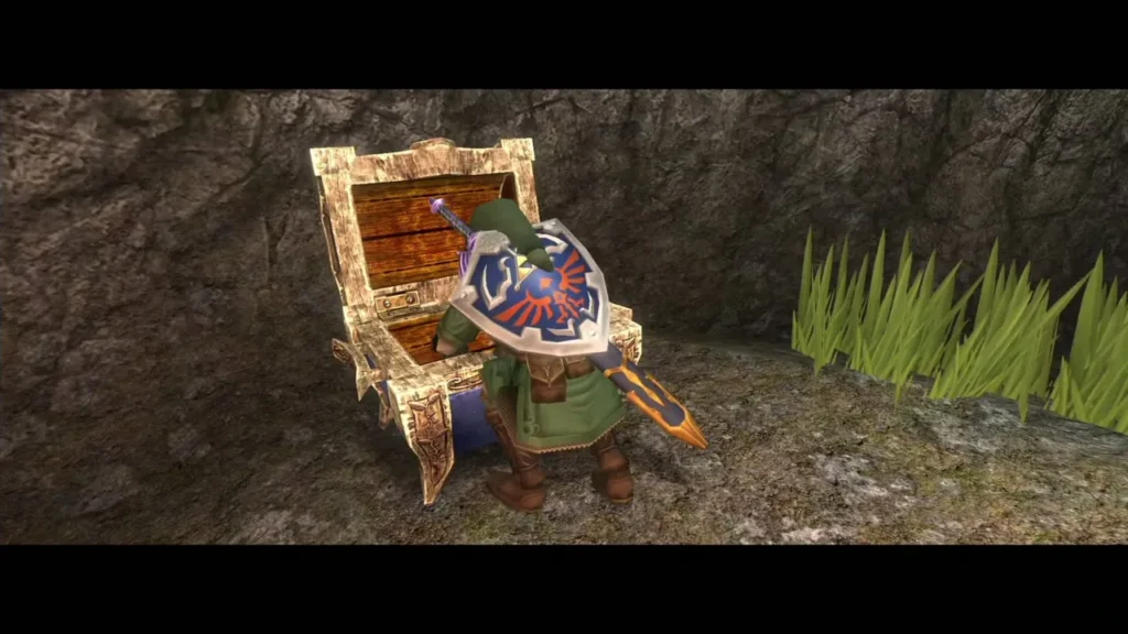 Link opening a chest in the cave with his shield on his back Link opening a chest in the cave with his shield on his back