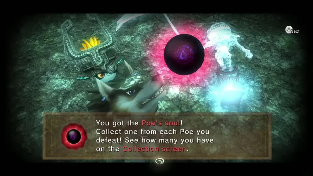 Poe's soul message box in a cave with Midna and Wolf Link Poe's soul message box in a cave with Midna and Wolf Link