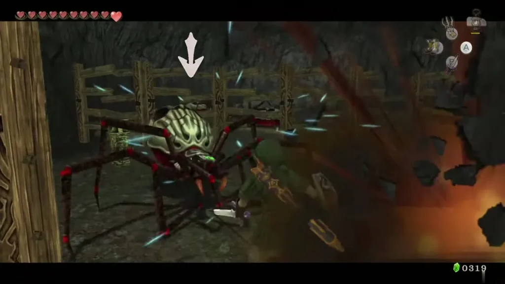Link fighting a Skulltula beside a wooden fence in the cave Link fighting a Skulltula beside a wooden fence in the cave