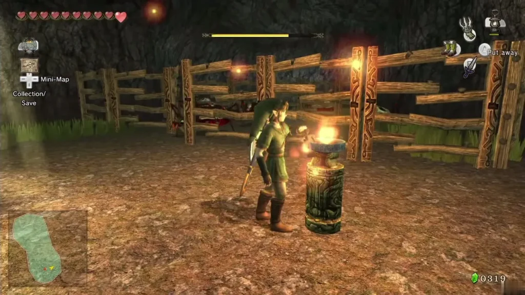 Link lighting a torch by a wooden fence in the cave Link lighting a torch by a wooden fence in the cave