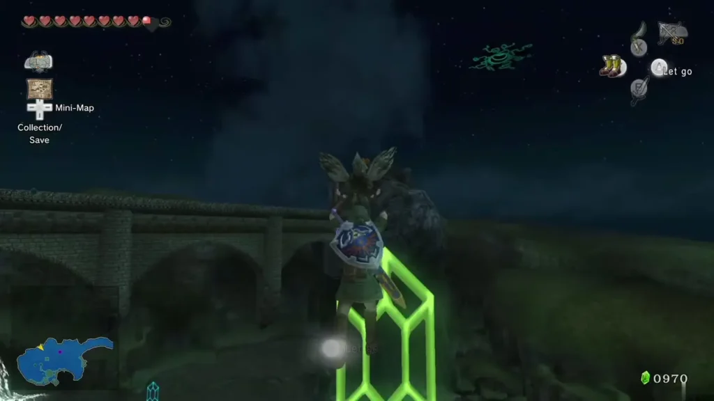 Link gliding on a Cucco above Lake Hylia with green Rupees floating below Link gliding on a Cucco above Lake Hylia with green Rupees floating below