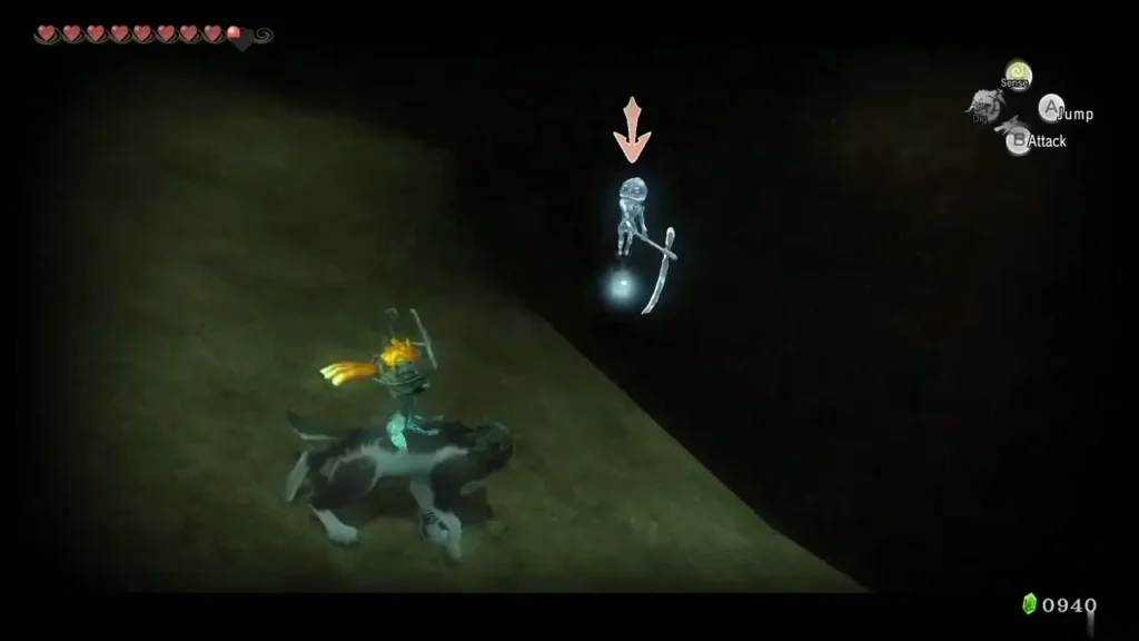 Wolf Link with Midna facing a Poe on the high ledge of Death Mountain Wolf Link with Midna facing a Poe on the high ledge of Death Mountain