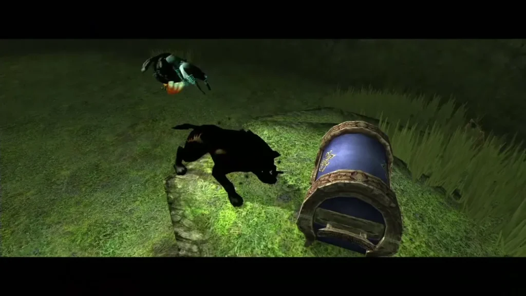 Blue chest on the grass in a south-east cave with a crow overhead Blue chest on the grass in a south-east cave with a crow overhead