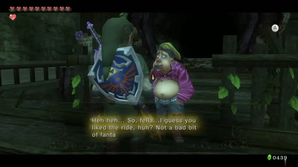 Link talking to Fyer in his purple shirt on the Lake Hylia dock Link talking to Fyer in his purple shirt on the Lake Hylia dock