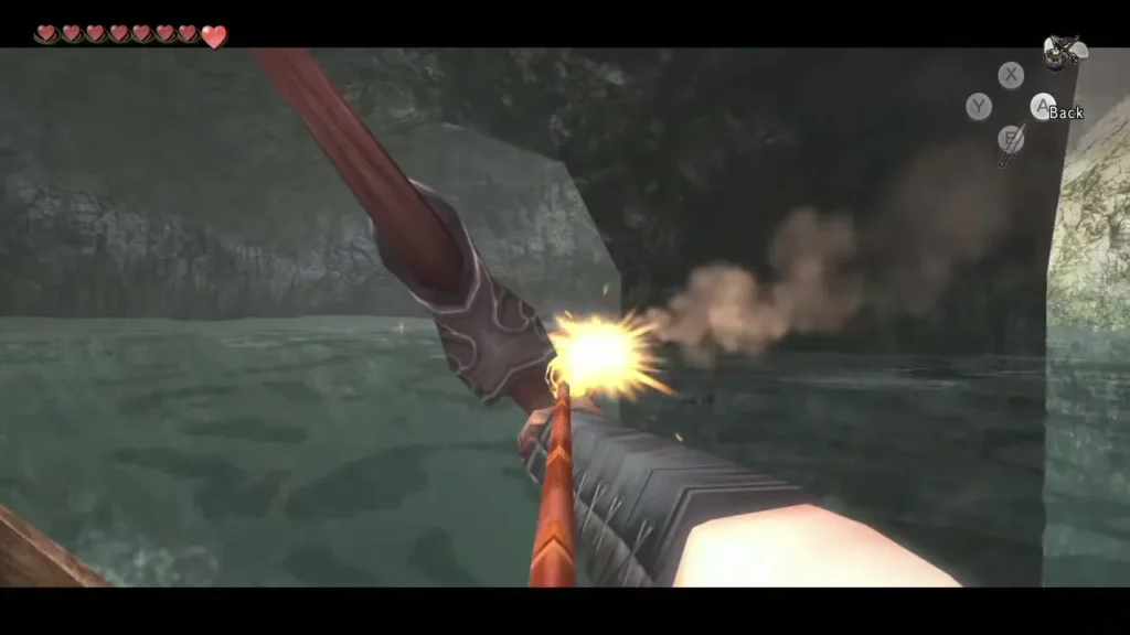 A bomb arrow exploding against a rock wall in first-person view A bomb arrow exploding against a rock wall in first-person view