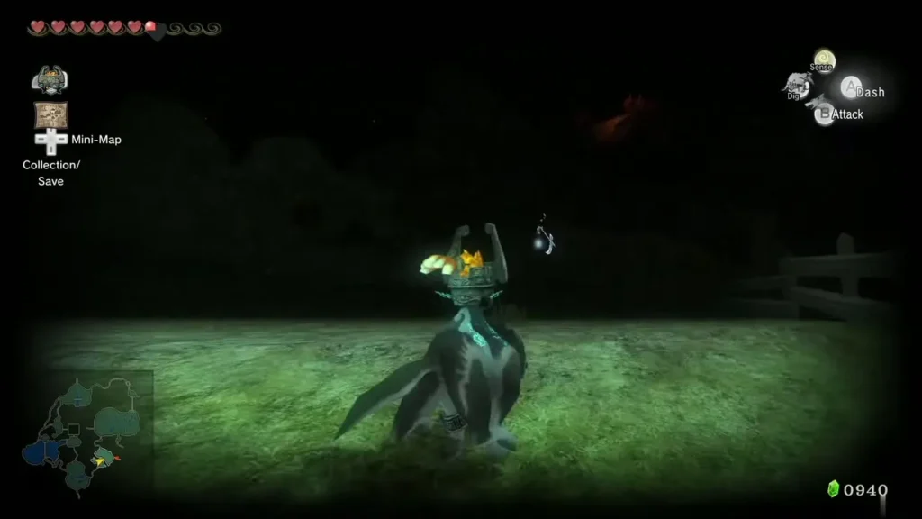 Wolf Link with Midna on the high ledge above Kakariko Gorge, a Poe's light drifting nearby Wolf Link with Midna on the high ledge above Kakariko Gorge, a Poe's light drifting nearby