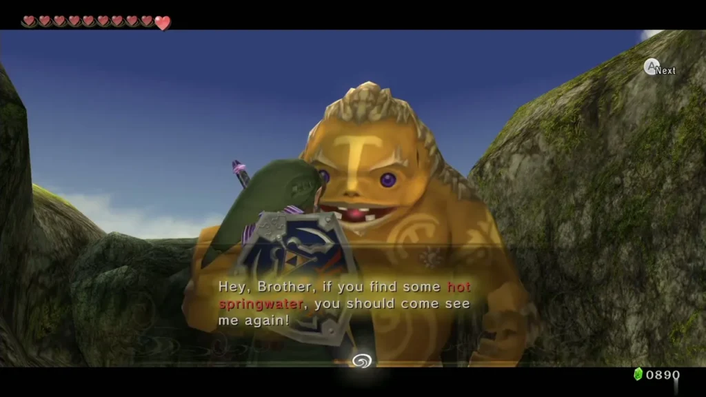 The Goron in front of the boulders outside Castle Town's south gate asking for hot spring water The Goron in front of the boulders outside Castle Town's south gate asking for hot spring water