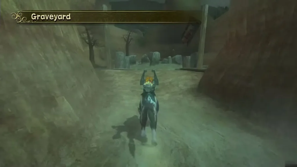 Wolf Link and Midna entering the Kakariko Graveyard Wolf Link and Midna entering the Kakariko Graveyard