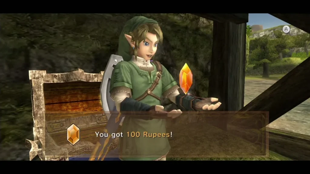 Link holding up 100 Rupees after opening a chest in the field Link holding up 100 Rupees after opening a chest in the field