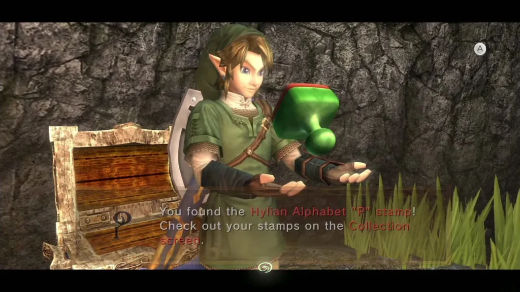 Link holding up the Hylian Alphabet P stamp with its message box beside an opened chest Link holding up the Hylian Alphabet P stamp with its message box beside an opened chest